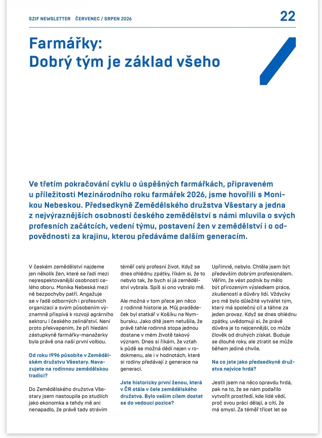 SZIF Newsletter červenec/srpen 2026, strana 22 — úvod rozhovoru Farmářky: Dobrý tým je základ všeho