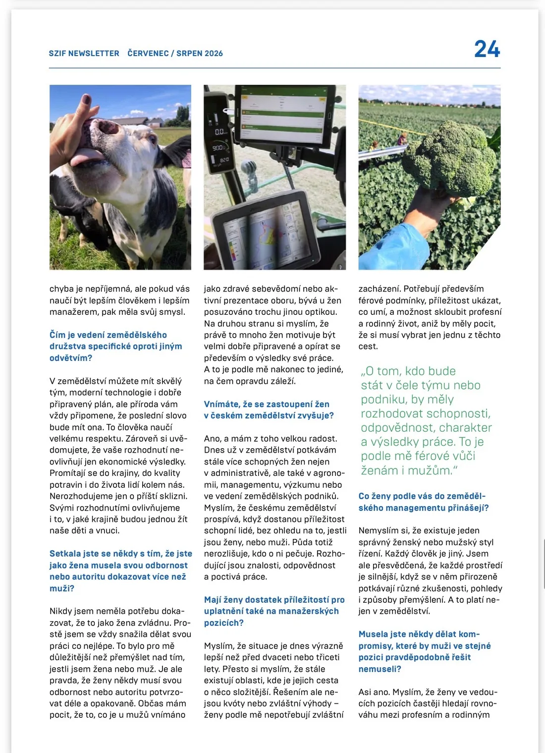 SZIF Newsletter červenec/srpen 2026, strana 24 — o vedení družstva a o postavení žen v zemědělství