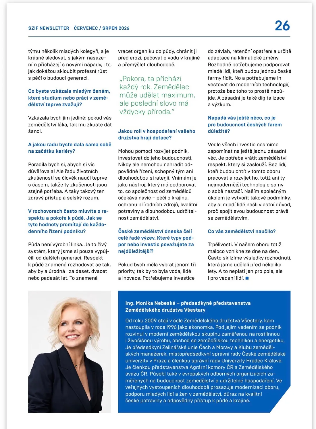 SZIF Newsletter červenec/srpen 2026, strana 26 — o dotacích, půdě a respektu k zemědělství